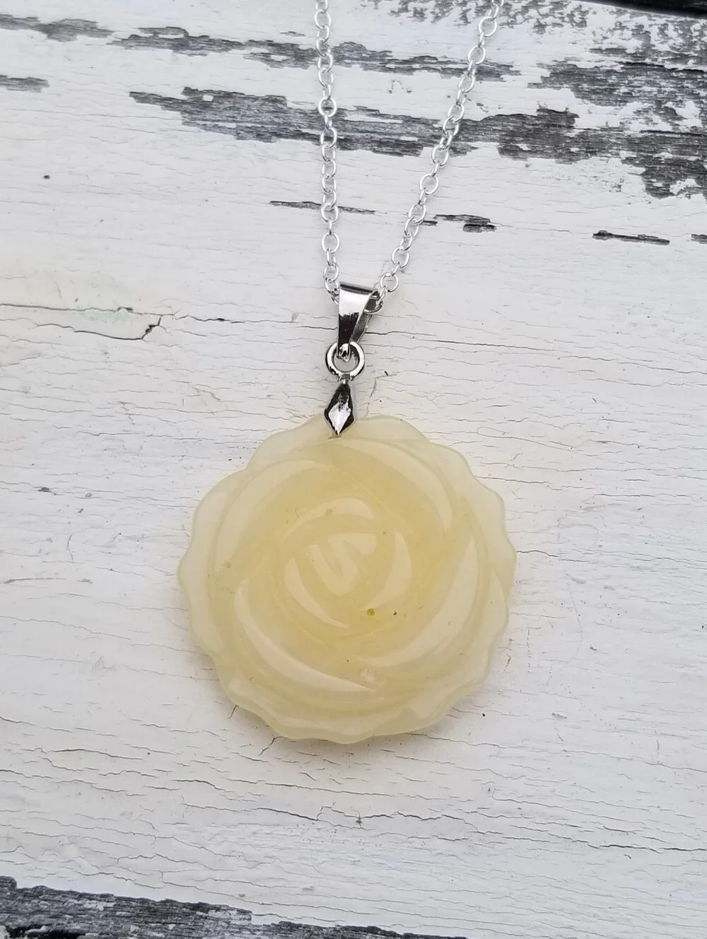 Sterling Silver Yellow Jade Rose Pendant Necklace, Yellow Jade Hand Carved Rose